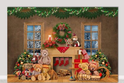 Painel de Natal Decoração Fundo Cenário Natalino Lareira Ursos de Pelúcia Em Tecido Sublimado