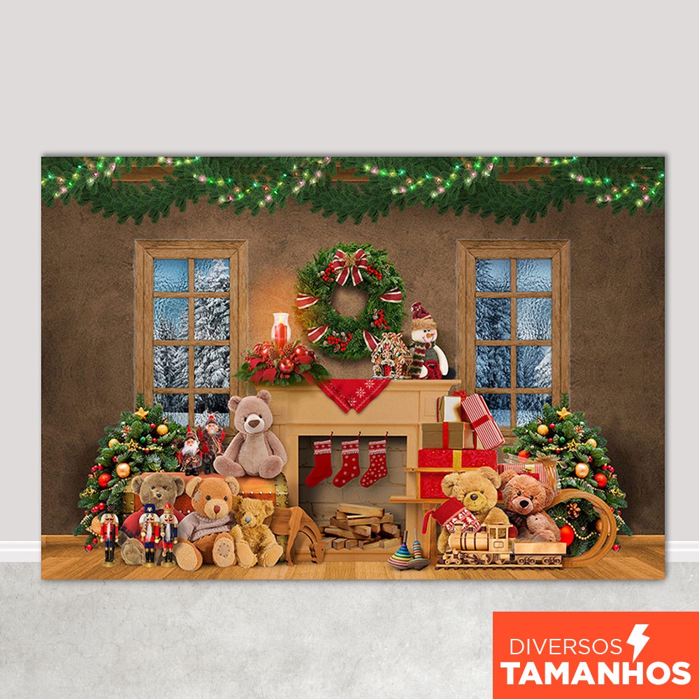 Painel de Natal Decoração Fundo Cenário Natalino Lareira Ursos de Pelúcia Em Tecido Sublimado