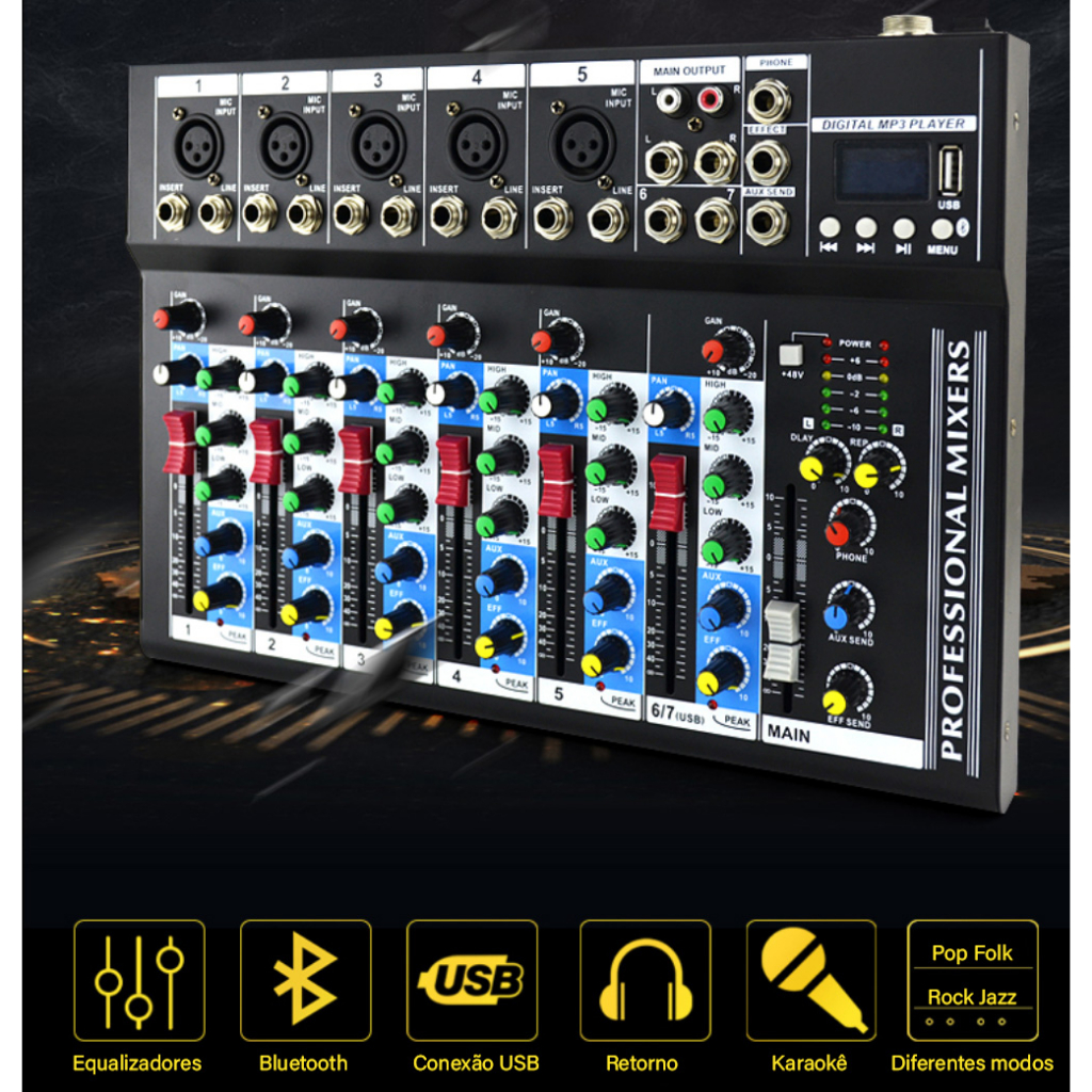 7 canais profissional portátil mixer som mixing console play registro reprodução do computador mini misturador de áudio