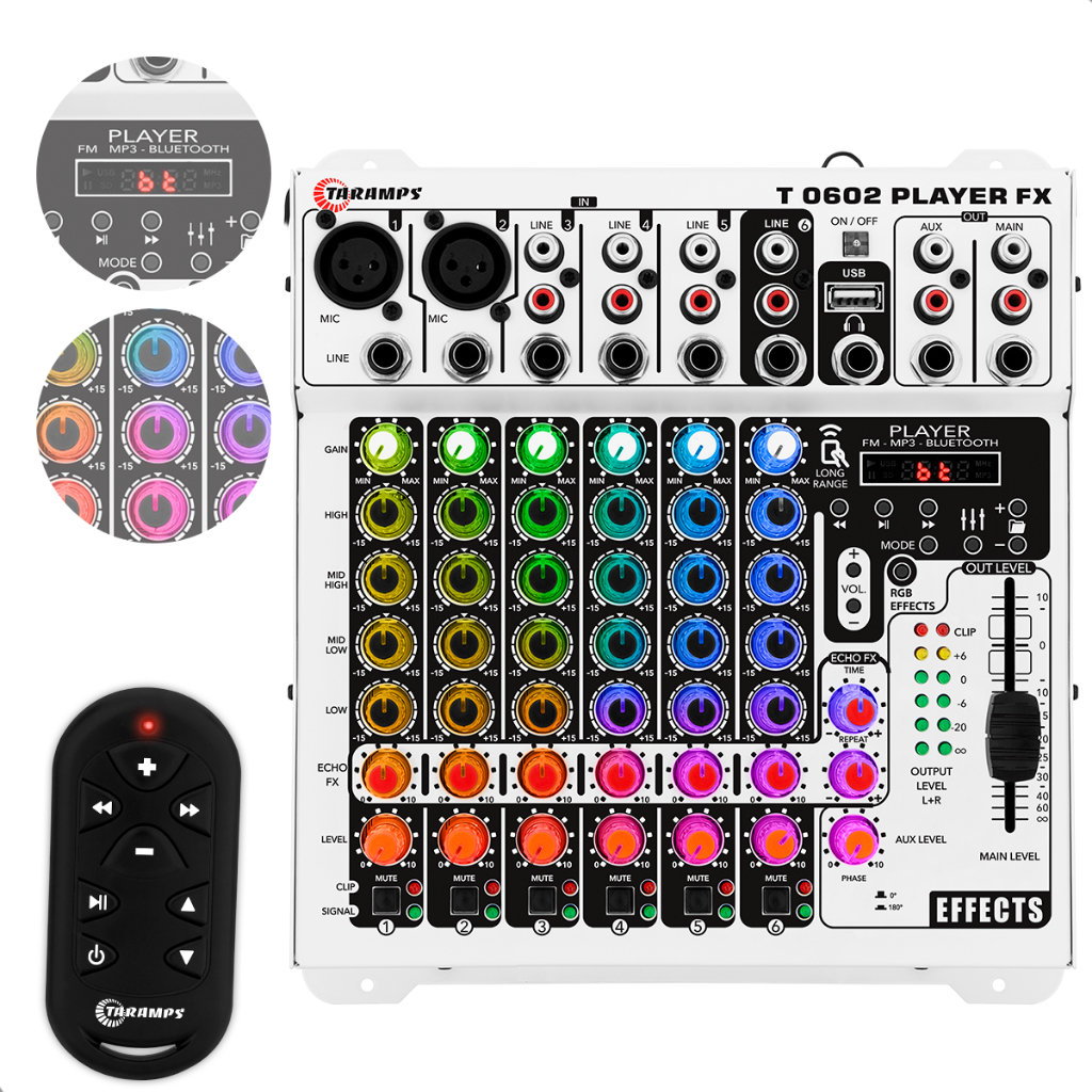 Mesa T0602 FX Player Bluetooth 12v Echo FX Multicolor 6 Canais Taramps