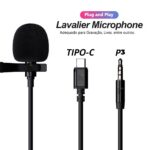 Microfone De Lapela Profissional Lavalier Preto P3 e USB C