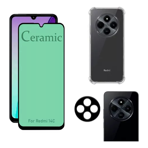 Kit Para Xiaomi Redmi 14C - Película Cerâmica + Capa Capinha Anti Shock + Câmera