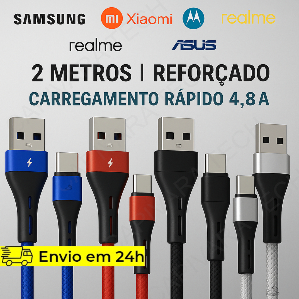 Cabo Tipo C 2 Metros Reforçado Carregamento Rápido Compatível com Samsung e Xiaomi