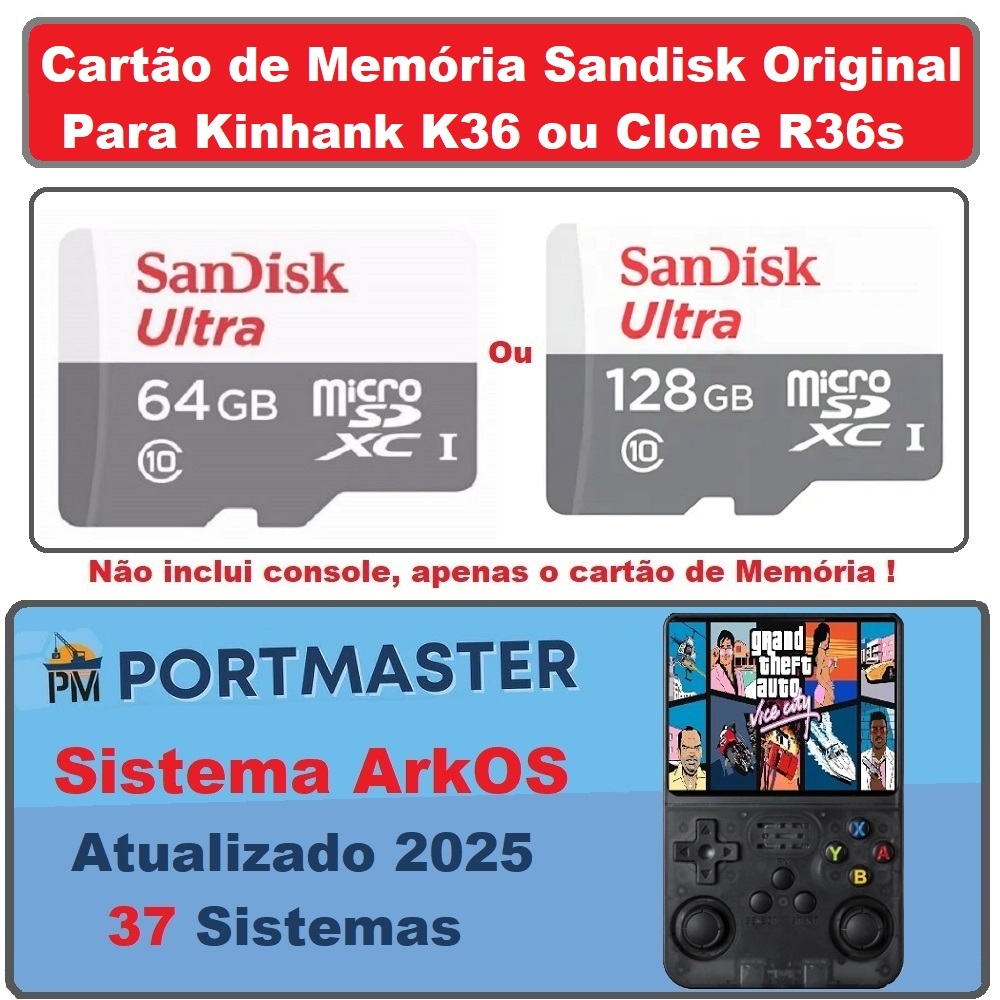 Cartão de Memória Para Console Kinhank K36 Ou Clone do R36s sistema ArkOS 64/128GB