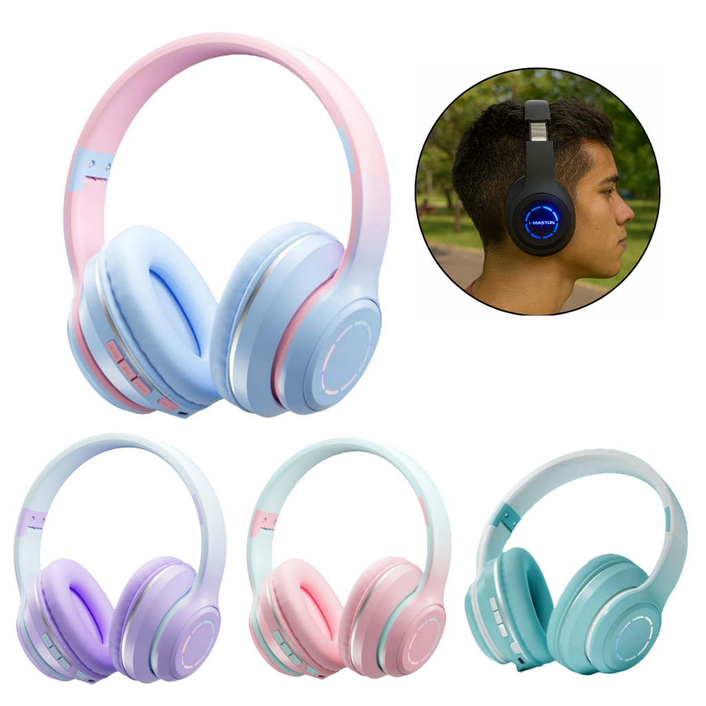 Fone Ouvido Bluetooth 5.3 Sem Fio Luz Led Cabo P2 Microfone Embutido Redução Ruído Colorido Moderno Ajustável Grande