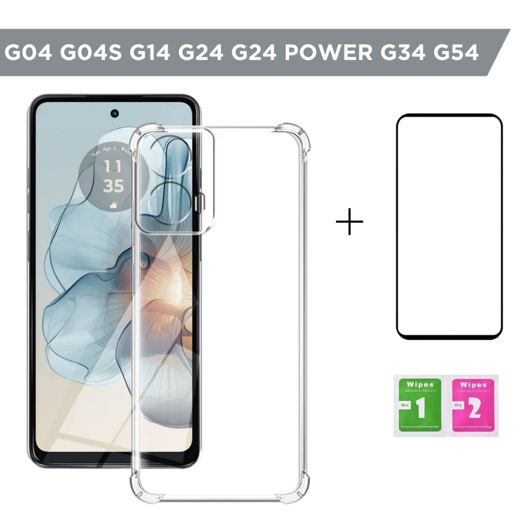 Capinha Case Anti Impacto Transparente e Película 3D Vidro p/ Moto G04 G04S G14 G24 G24POWER G34 G54