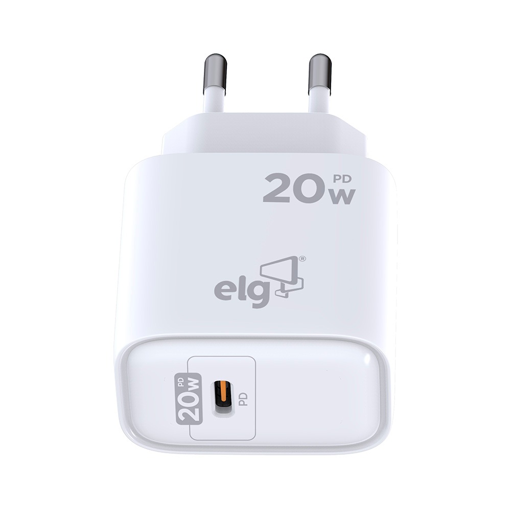 Carregador USB-C Universal, 1 Porta Tipo-C Power Delivery 3A 20W, Carga Rápida, Branco, WCPD, ELG