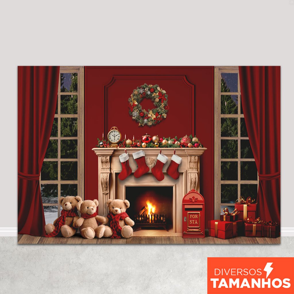 Fundo Fotográfico Natalino Cenário Lareira Painel para Fotos Em Tecido Sublimado – FNT-801