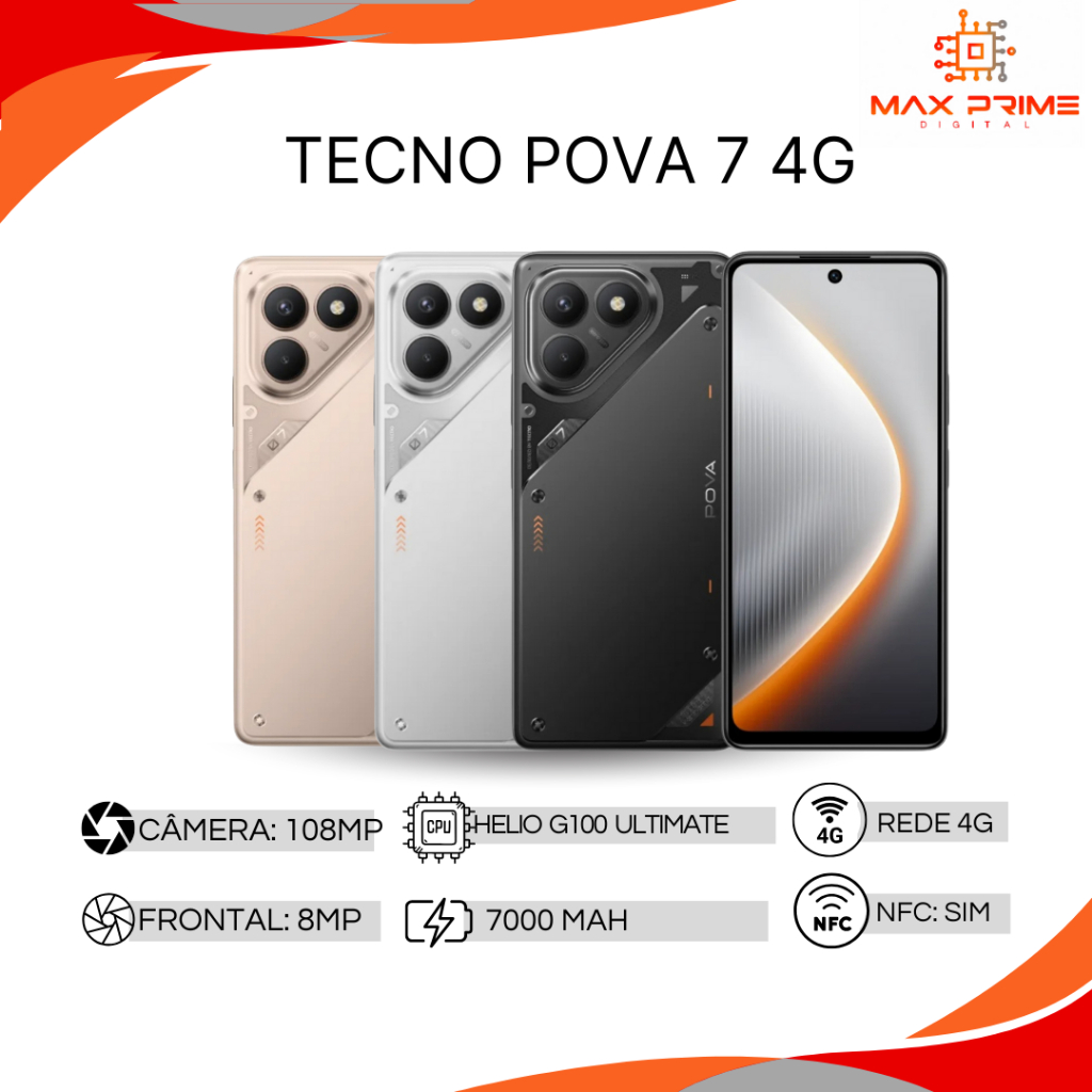 Tecno POVA 7 4G, Versão Global, 7000mAh + 45W, 256GB/8GB, Helio G100, Câmera 108MP, Tela 120Hz, NFC, IP64