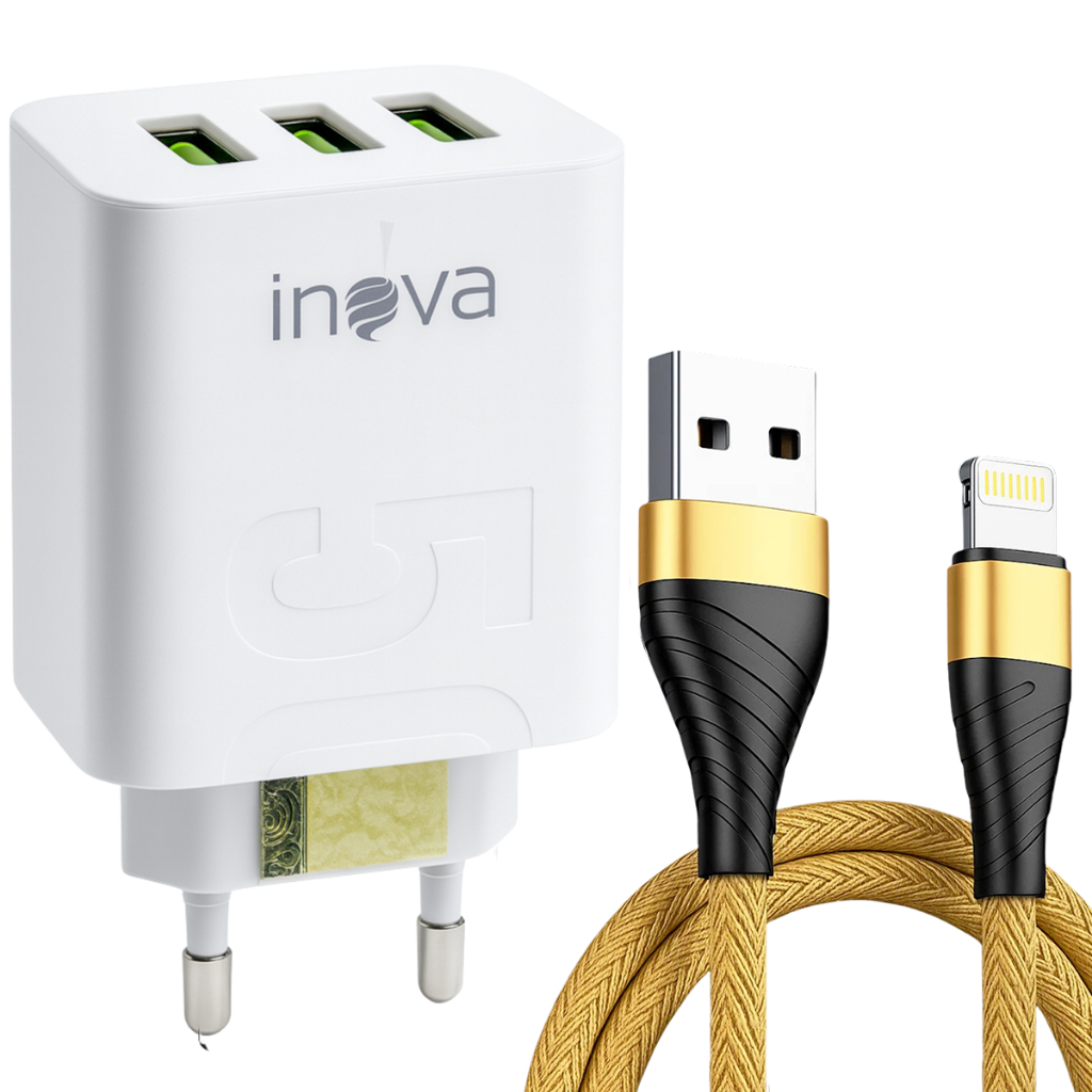 Carregador Celular Fonte USB 3 Entradas Com Cabo Carregador 2 Metros iPhone Android V8 Tipo C