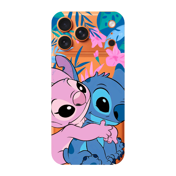 Capinha para iPhone 17 Pro Max Anti Impacto Personalizada - Stiti Stich e Angel Abraço com fundo transparente