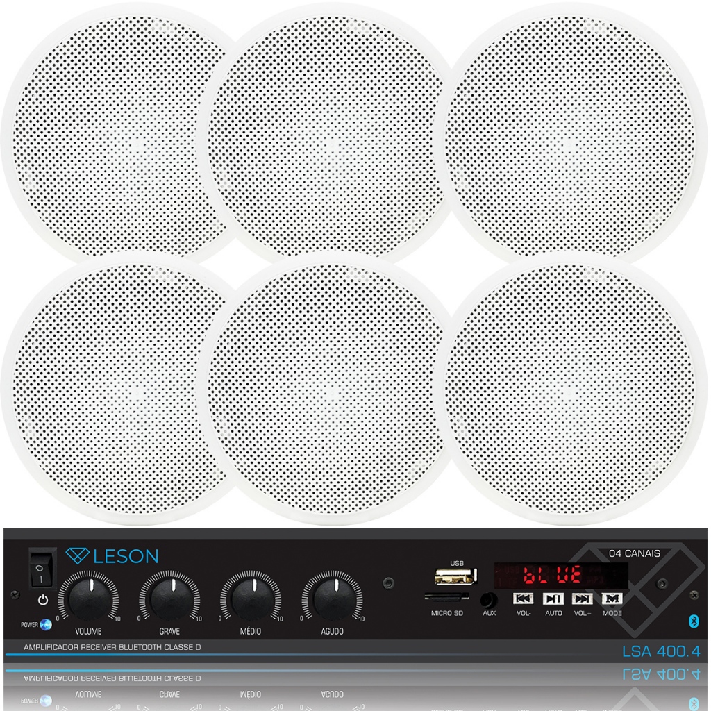 Kit Som Ambiente Amplificador Bluetooth Usb Sd Auxiliar Fm + 6 Caixas de Embutir Arandelas Gesso Teto 6 Pol 55W 8 Ohms