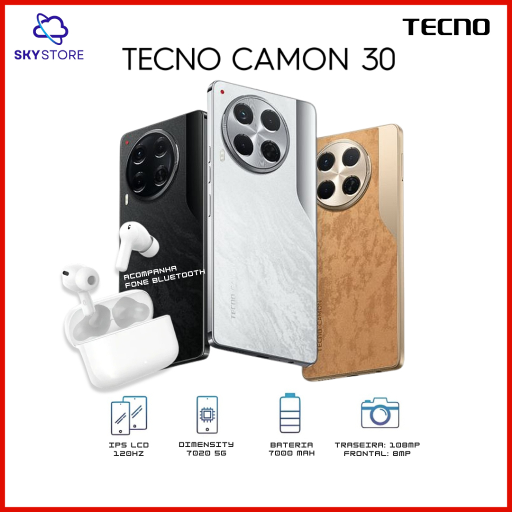 Tecno Camon 30 5G 256GB/8GB RAM, Câmera 50MP, Processador Helio G99 Ultimate, Bateria 5000mAh, Versão Global