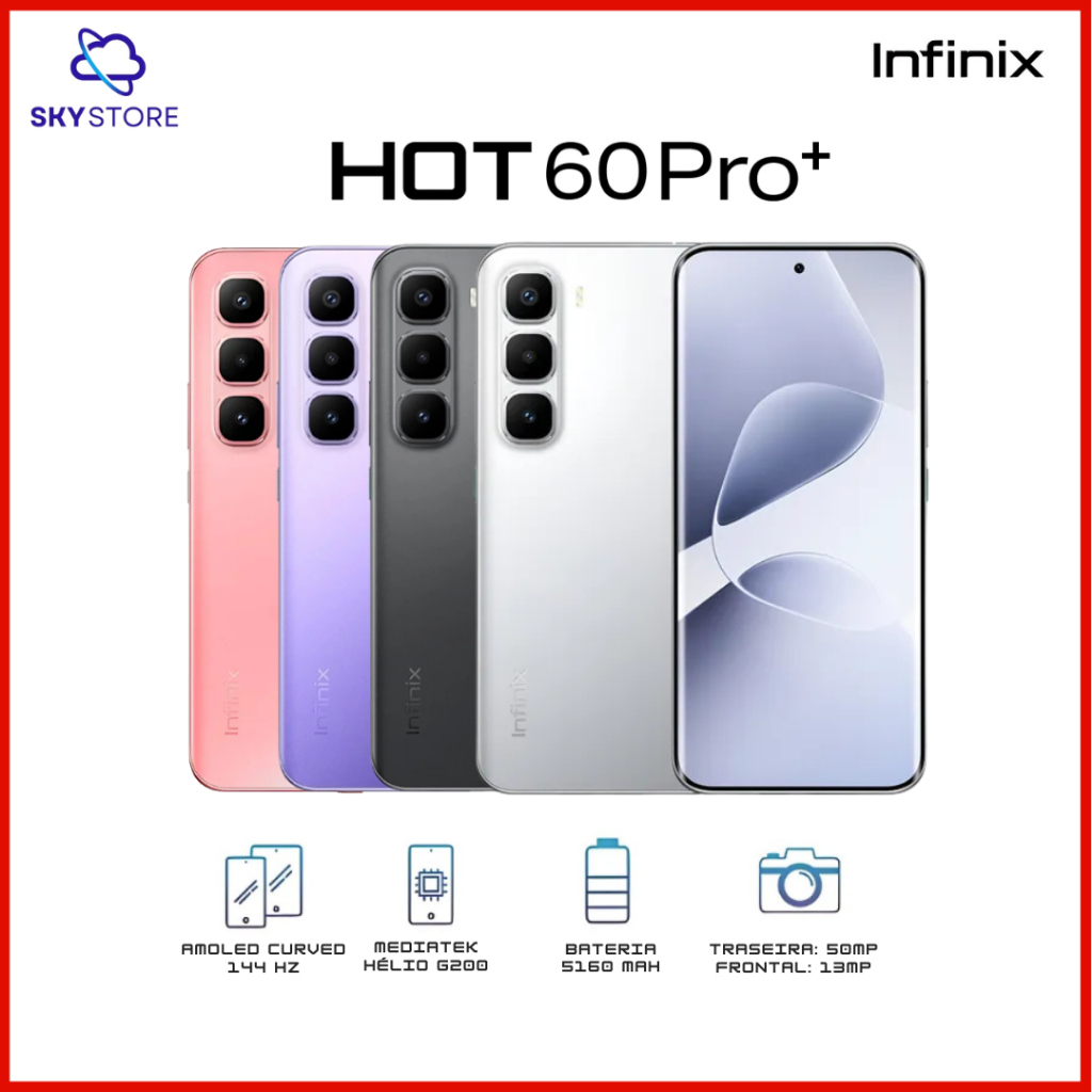 Infinix Hot 60 PRO+, Infinix Hot 50 PRO+, Tela Curva, 256GB + 8GB RAM, Versão Global, Lacrado, Original