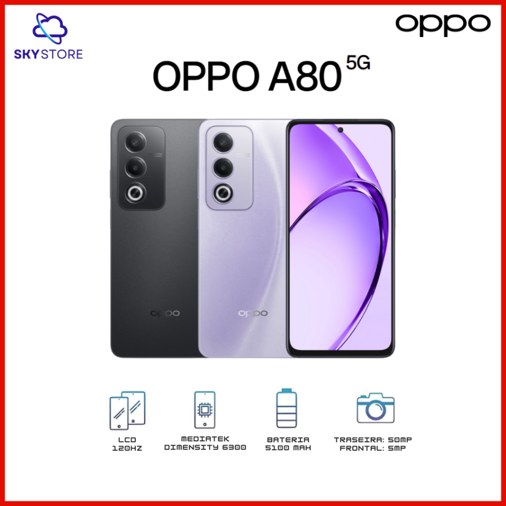 OPPO A80 5G, 256GB E 8GB RAM, Processador MediaTek Dimensity 6300, Câmera 50MP, Bateria 5100mAh, Versão Global