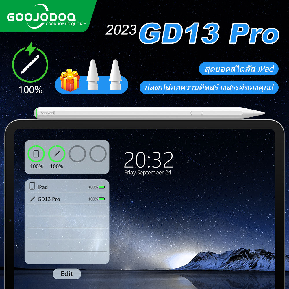 GOOJODOQ GD13pro lápis Stylus Pencil para iPd com retorno de um botão, função de ativação automática Palm Rejection com carregador sem fio, Active Pencil Pen para iPd mini 6 Air 4 Air 5 2019 2020 2021 Pro 11 Pro 12.9