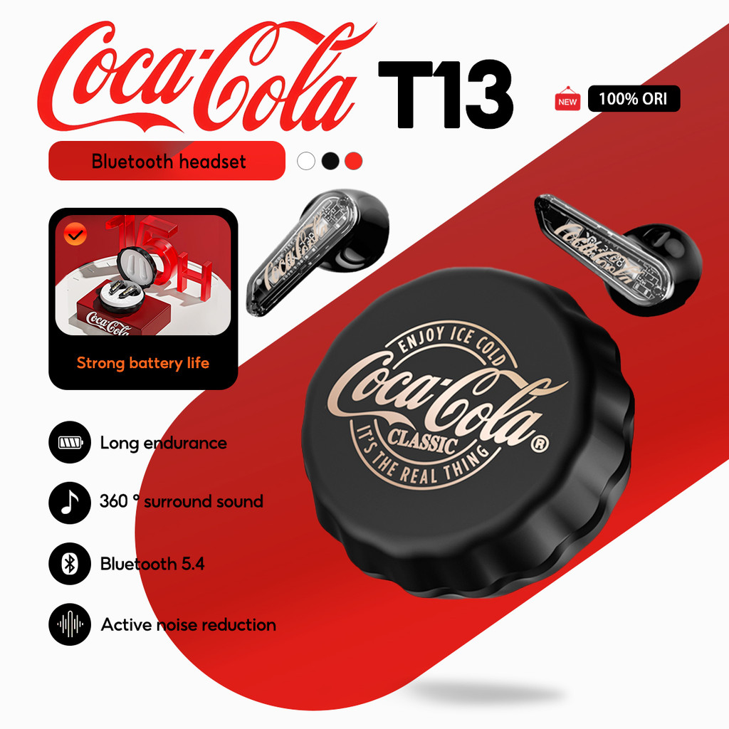 Coca-Cola T13 True Wireless Bluetooth Earbuds Design Semi-Intra-Auricular | Driver Dinâmico De 13mm Cancelamento De Ruíd