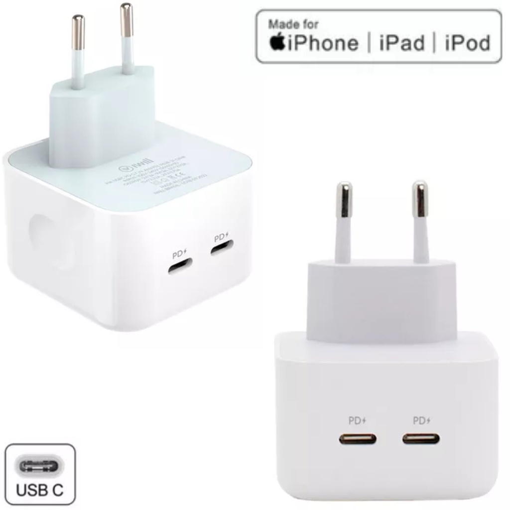 Carregador Fonte Usb C Duplo 50W Fonte Carregador Usb-c Para iPhone Tomada 2 Entradas Usb-c