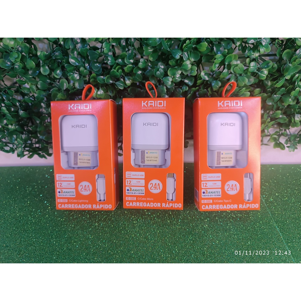 Carregador DUPLO USB 12W CARREGAMENTO RÁPIDO 2.4A Com Cabo V8 (Micro USB)/ Tipo C/ iPhone KAIDI