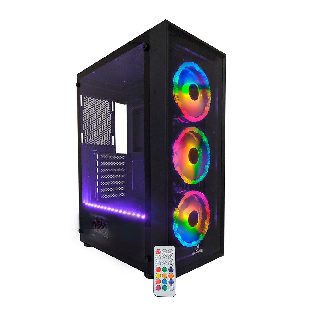 Gabinete Gamer Concórdia Glass X3602 RGB Fita Led Controle Fans