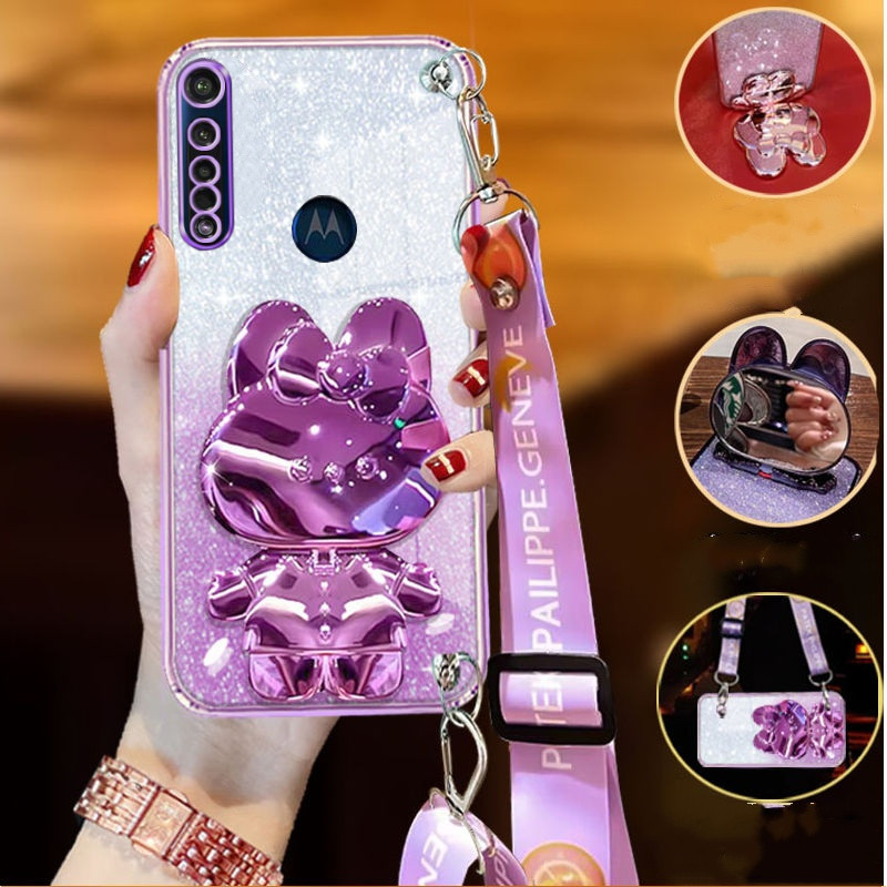 Caixa Motorola MOTO G8 Play G8 Plus G8 Power Electroplating Glitter 3D Rabbit Bracket Cosmético Espelho De Telefone Com Cordão De Corpo Cruzado