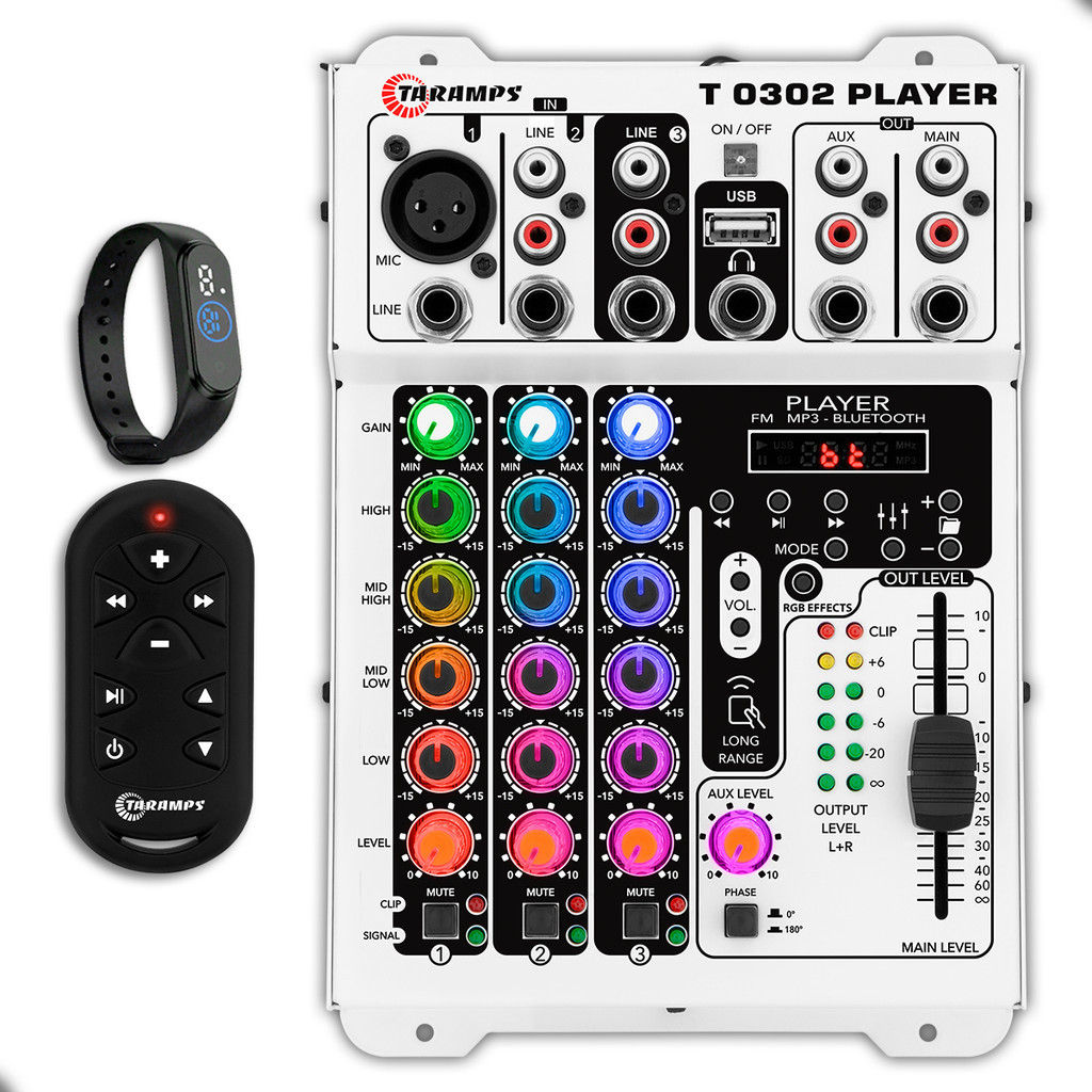Mesa de Som Taramps 3 Canais T0302 Player Bluetooth USB Mixer e Relógio