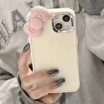 Coreano Bonito 3D Rosa Bowknot Caso De Telefone Para iPhone 16 Pro Max 15 14 13 12 11 X XS XR 7 8 Plus SE2 3D Gato Orelhas Grandes Moldura De Lente De Metal À Prova De Choque Capa De Silicone Macio