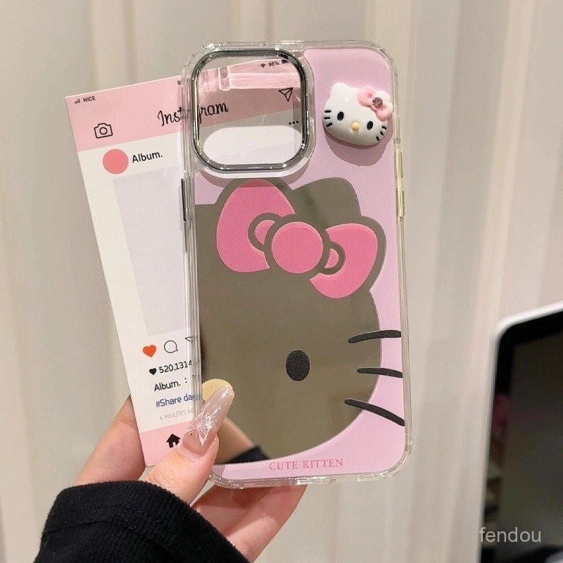 Cartoon KT Cat metade espelho bonito tendência capa de telefone Apple para iPhone 16promax 15 14 13 12 11 pro max 8plus 14promax 13promax 13promax 13pro 14pro caixa de espelho anti-queda