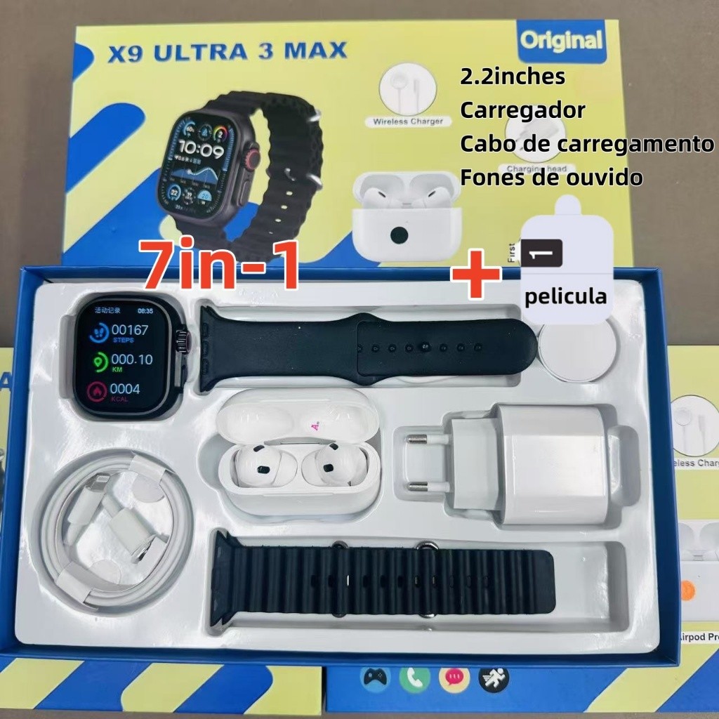 Smartwatch Novo X9 Ultra3 MAX 2.2" Compatível iPhone Android Com Fone e Carregador