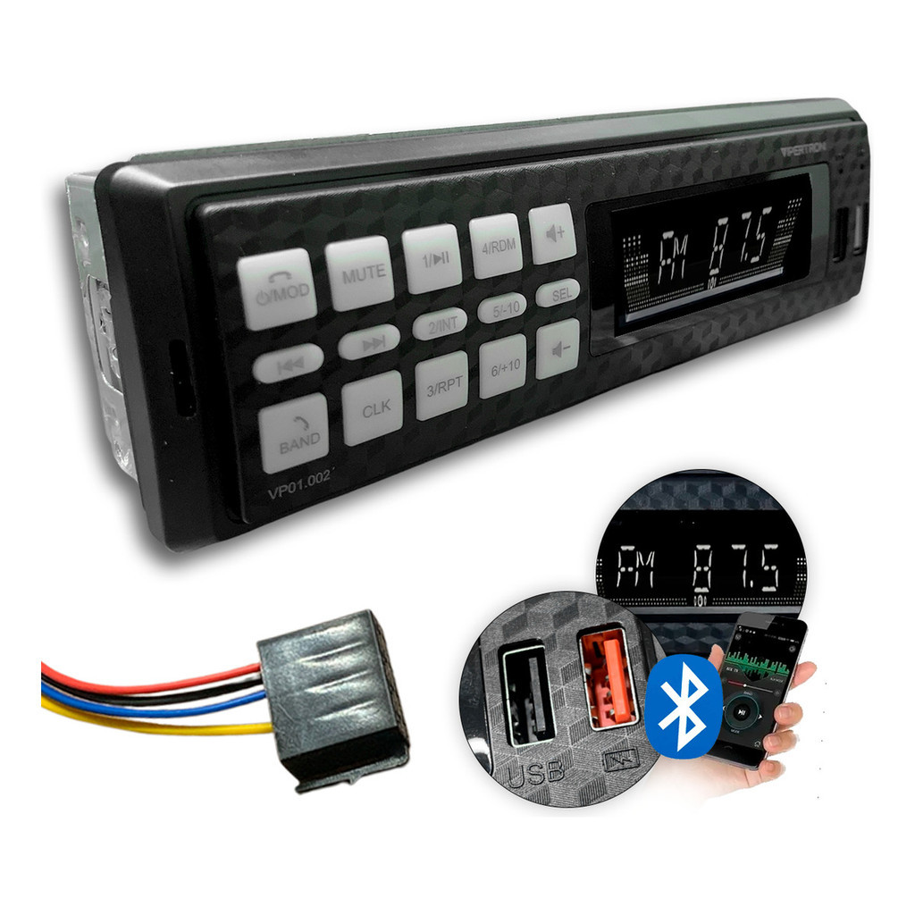 Rádio Automotivo Vipertron MP3 FM Bluetooth 4x30W Universal LCD USB Carregador RCA