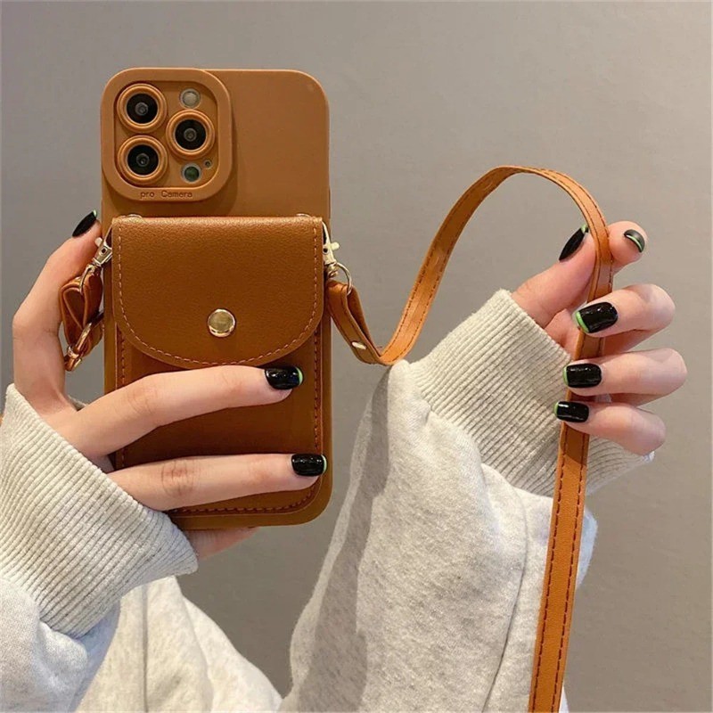 Marrom Crossbody Slot Para Cartão Saco Titular Caso Iphone 12 13 Mini 11 14 15 16 Pro Max 15 Plus X Xs Xr Cabo De Luxo