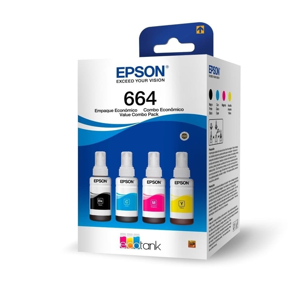 Kit Refil de Tinta Epson T664, 4 Cores, Preto/Amarelo/Ciano/Magenta