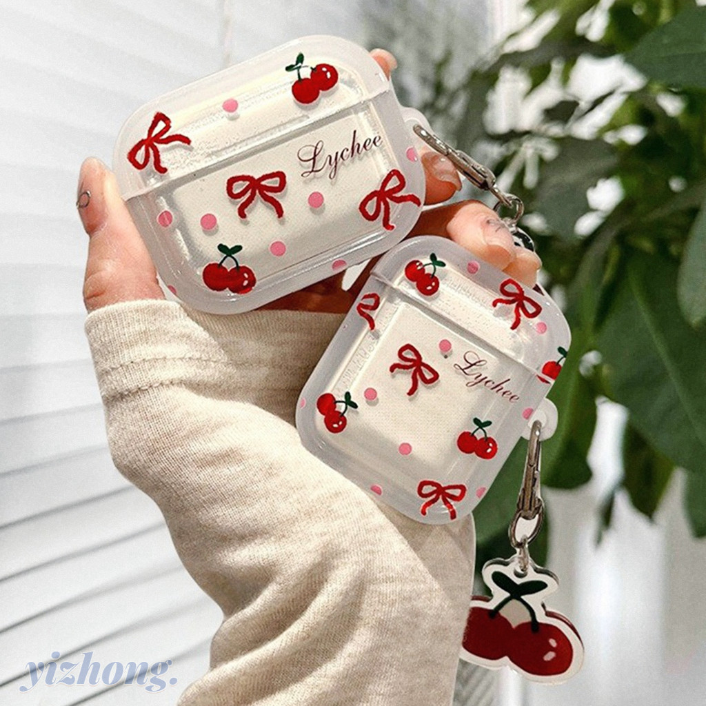 Capa De Fone De Ouvido Para Airpods 4 Pro 2 3 1 Feminino Doce Vermelho Bowknot Cereja Padrão Macio TPU À Prova De Choque