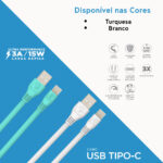 Cabo USB Tipo-C, Carga Rápida 15W 3A, Cabo Flat Antienrolamento, 1 metro