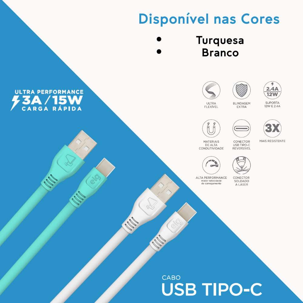 Cabo USB Tipo-C, Carga Rápida 15W 3A, Cabo Flat Antienrolamento, 1 metro