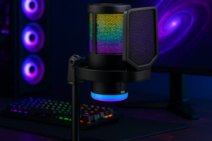 Microfone Condensador RGB Gamer com Redução de Ruído Conexão Tipo C Profissional Cardioide