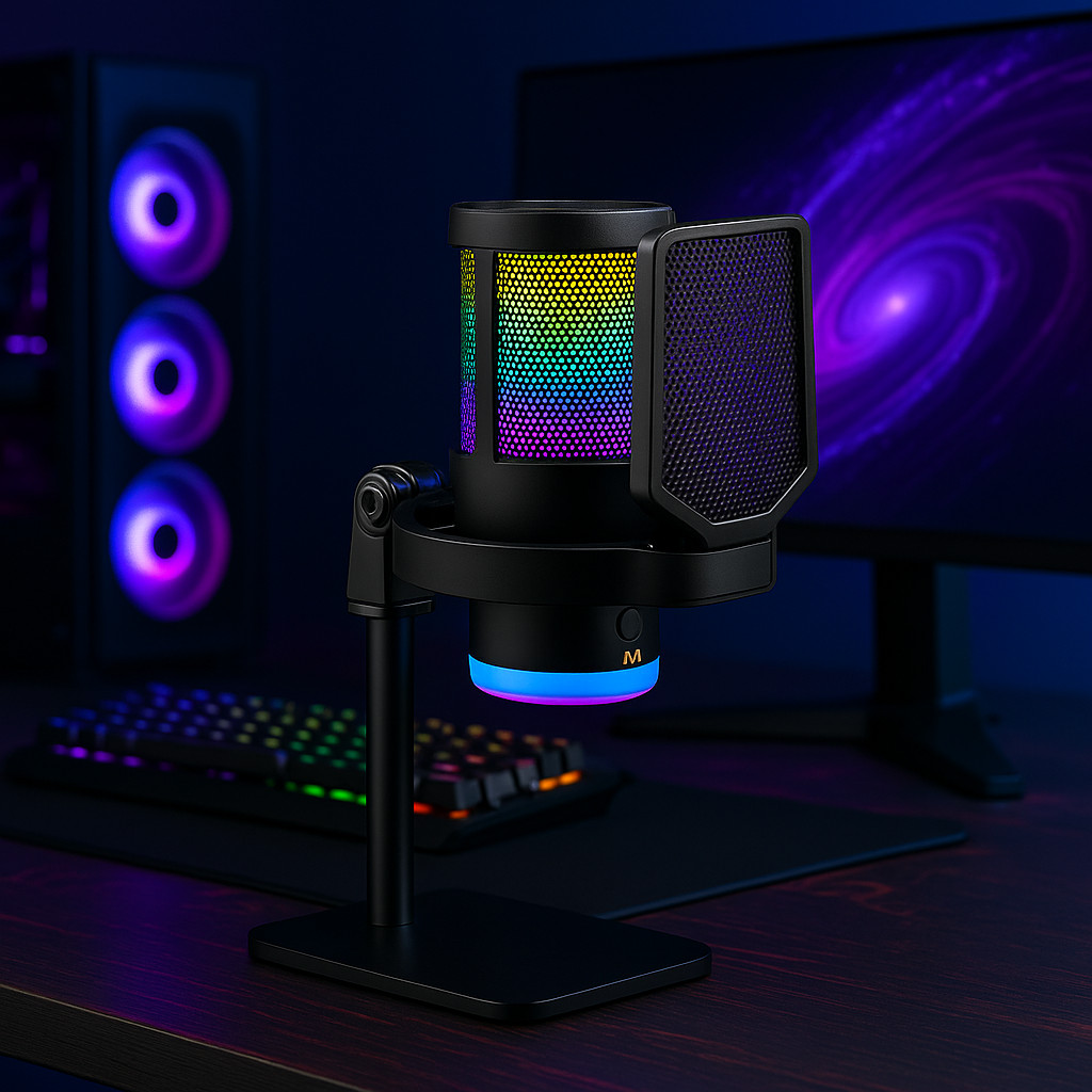 Microfone Condensador RGB Gamer com Redução de Ruído Conexão Tipo C Profissional Cardioide