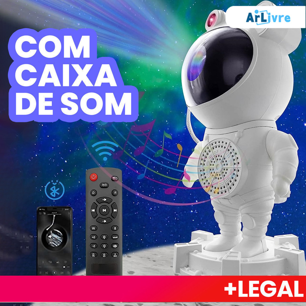 Luminária e Projetor De Estrelas e Lua Astronauta e Caixa de Som Bluetooth