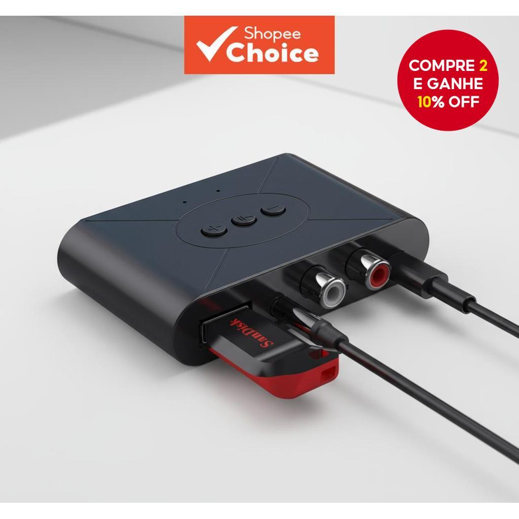 Receptor Bluetooth 5.0 NFC com saída 3.5mm AUX RCA USB e microfone para música estéreo e alto-falante de carro.