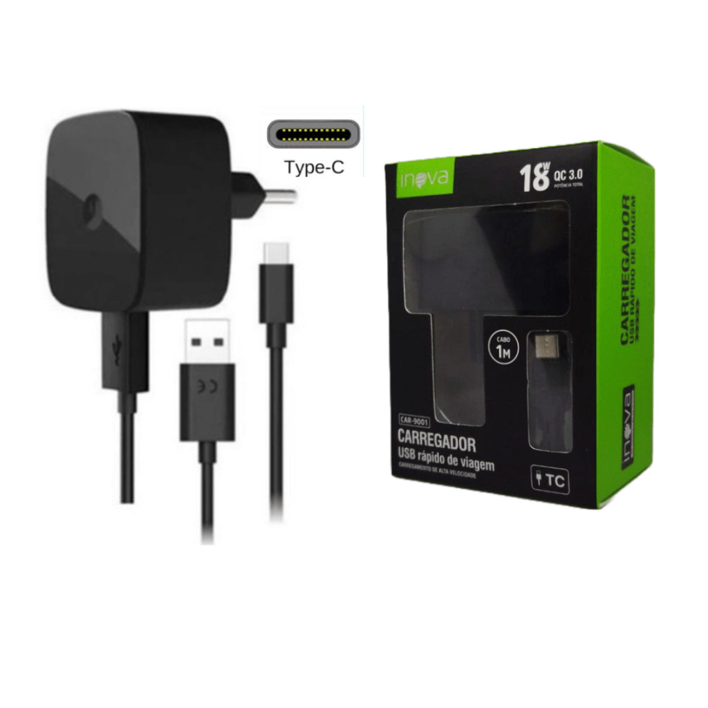 Carregador de celular turbo power 18w q.c 3.0 tipo c/micro usb v8 inova