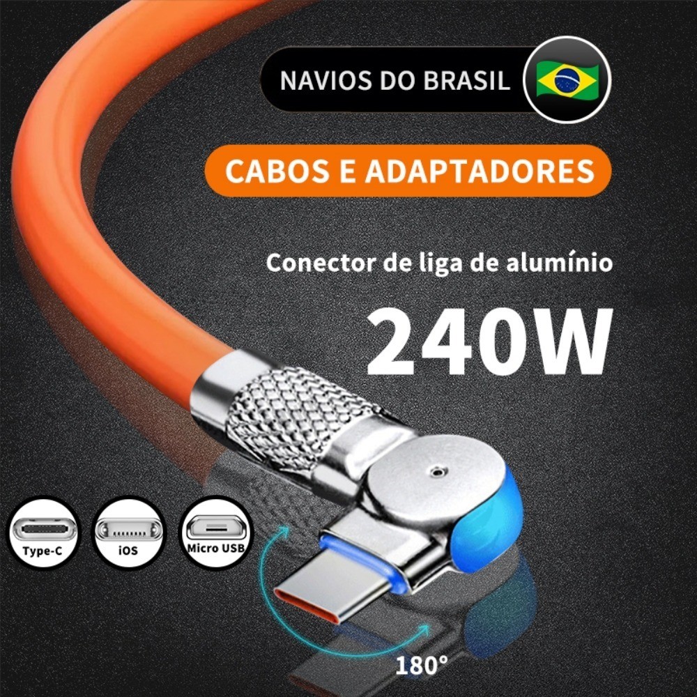 Cabo Carregador Para Carregamento Rápido Tipo C Micro USB iOS Suporta 180 ° Cabos Indicadores LED De Silicone De Rotação