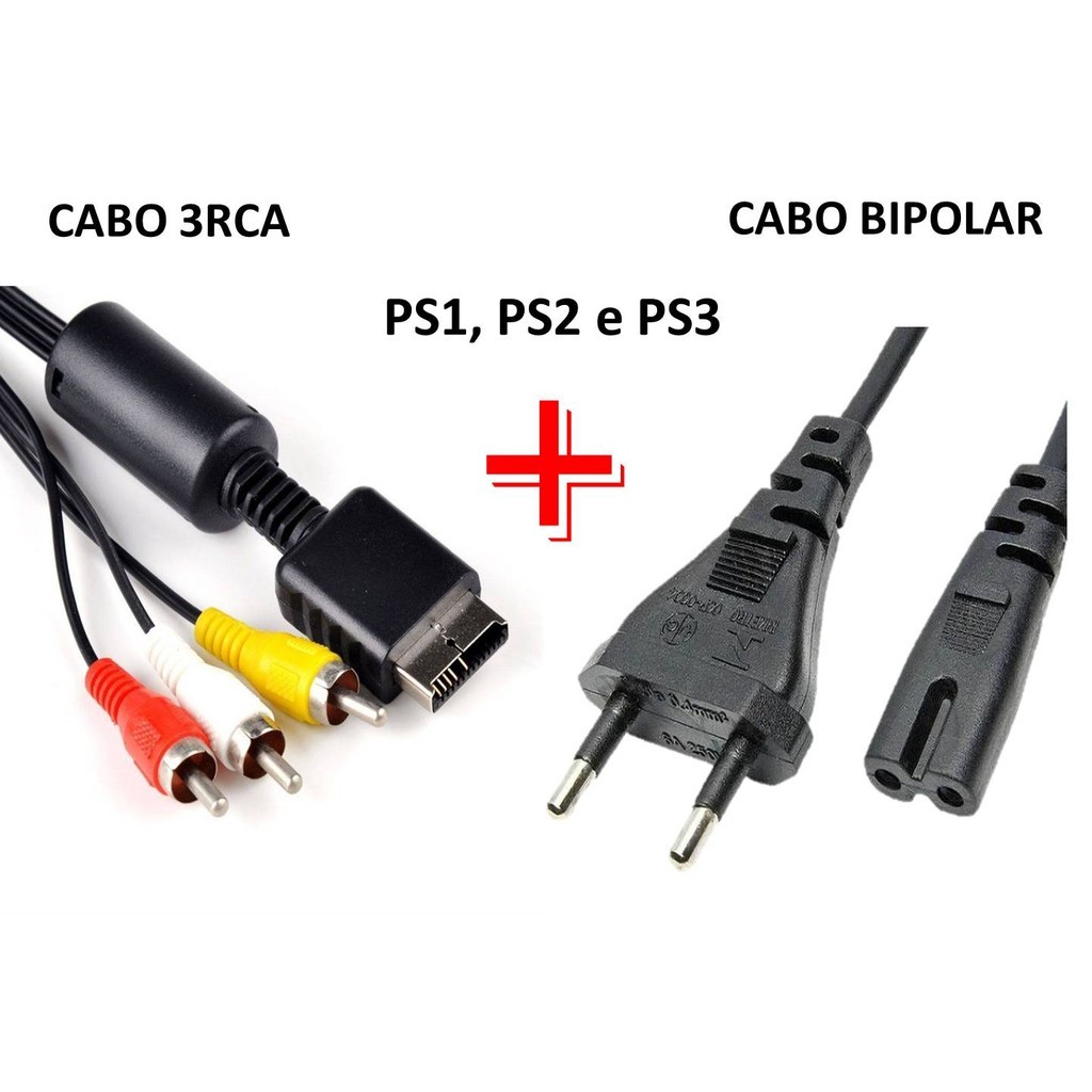 Cabo Força Ps1 e Ps2 Ps3 Bipolar e Cabo 3RCA 1.5m PS1 Ps2 Ps3