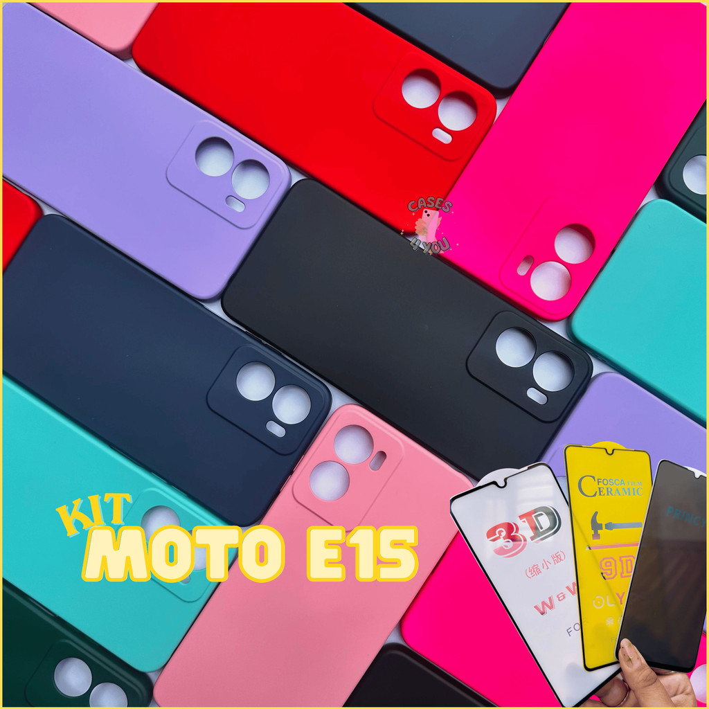 Kit Motorola Moto E15 Capa Capinha + Película 3D Cerâmica Privacidade Câmera MotoE15