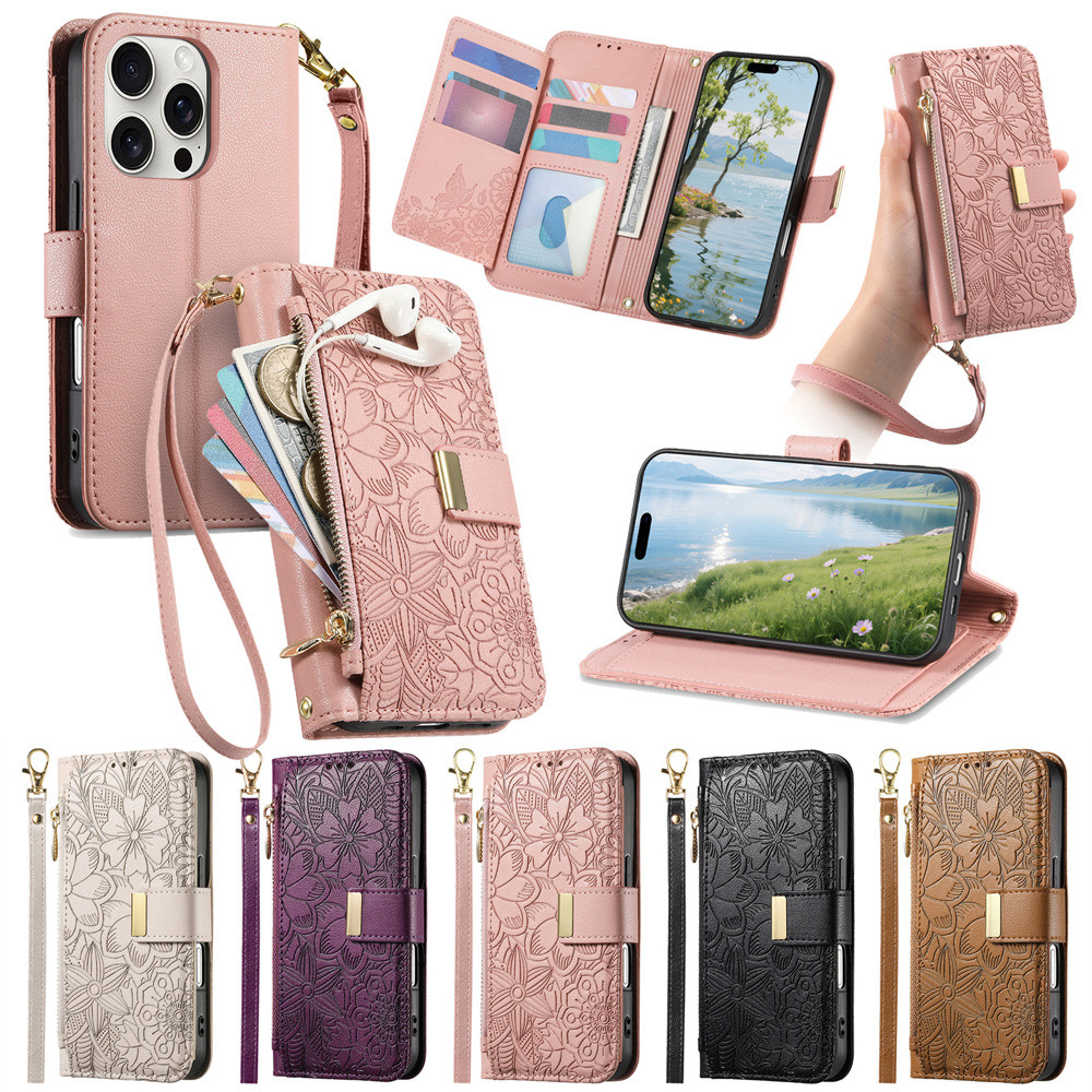 Capa Para Motorola MOTO G35 G55 G05 G15 G14 G86 G75 G85 G56 G04 G24 G04S E15 4G 5G Carteira Flor Em Relevo Luxo Zíper Fl